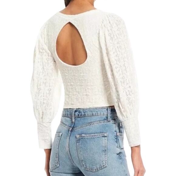 Free People Tea Time Puff Sleeve Lace Top Large New Cream Cut Out Cropped Boho - Picture 2 of 8